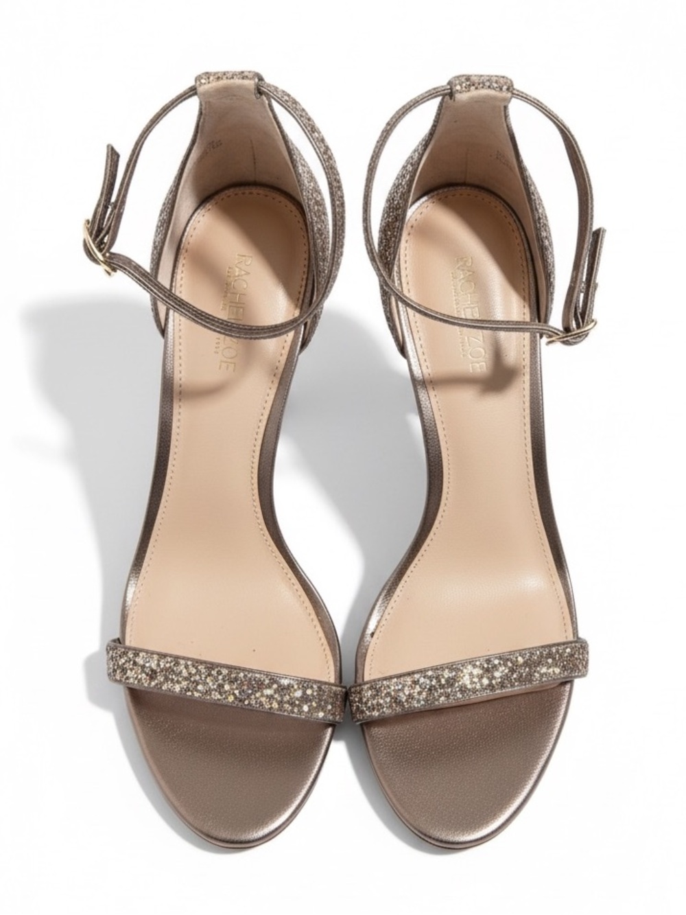 Rachel Zoe Glitter Strappy Heels Rose Gold Prom Heels Ankle Strap Sandals Size 8